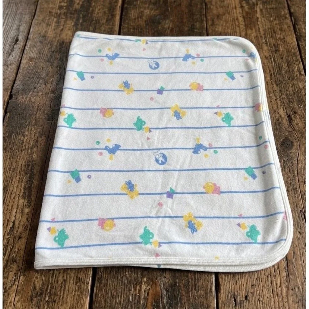 Vintage Absorba Pastel Printed Baby Blanket Stripes Bears Bunnies Animals Lovey